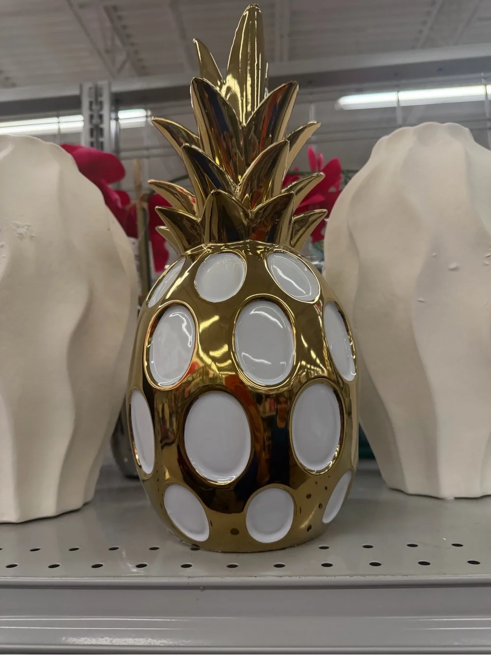 Gold Ceramic Pineapple Decorative Accent with White Inlays